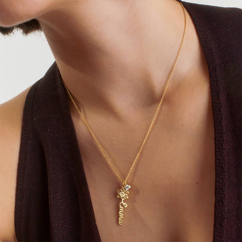 Blooming Birth Flower Name Necklace with Diamond in 18ct Gold Vermeil-4 product photo