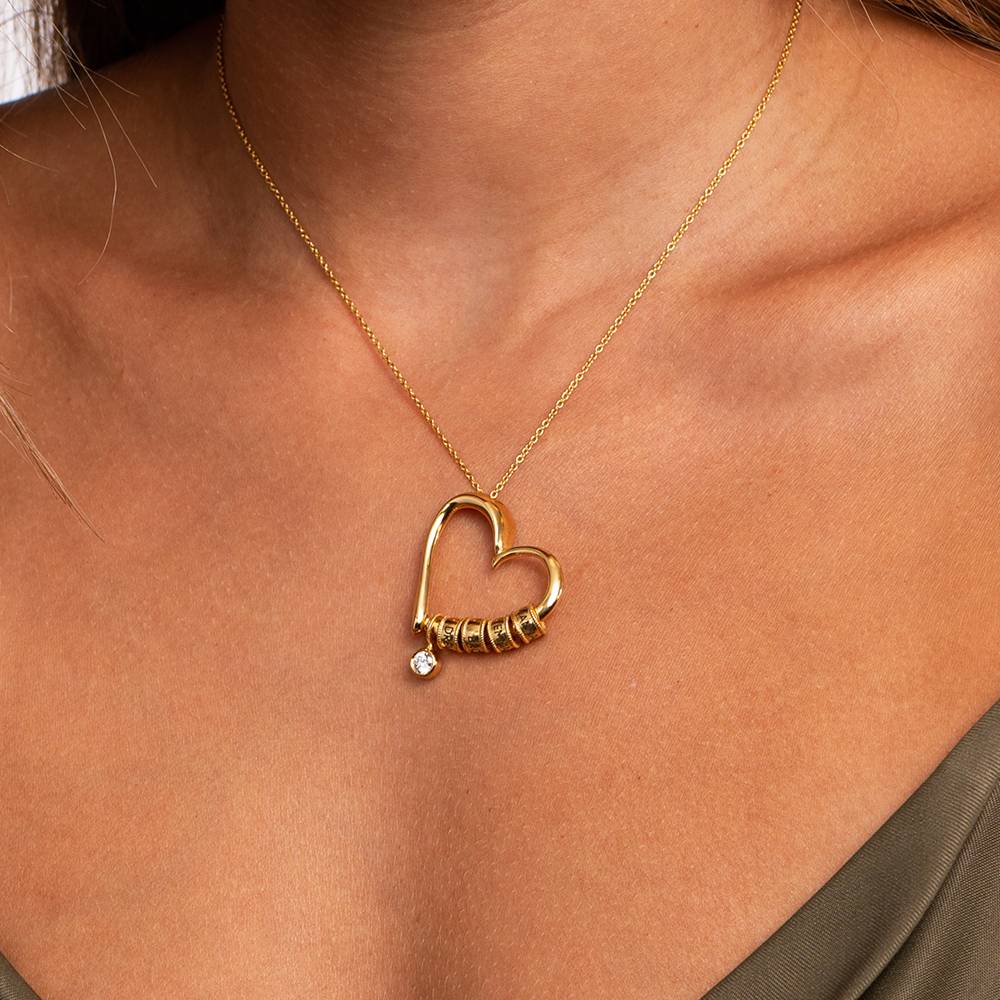Charming Heart Necklace with Engraved Beads and 0.10ct Diamond in Gold Plating-5 product photo