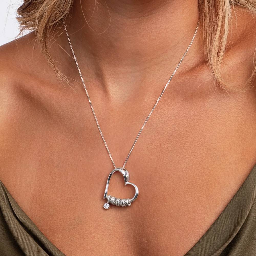 Charming Heart Necklace with Engraved Beads and 0.10ct Diamond in Silver-4 product photo