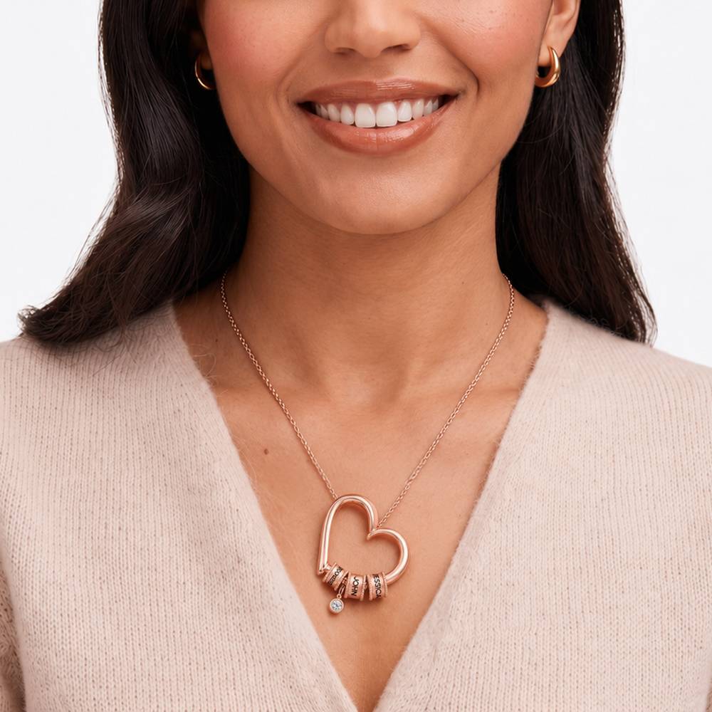 Charming Heart Necklace with Engraved Beads and 0.25ct Diamond in Rose Gold Plating-4 product photo