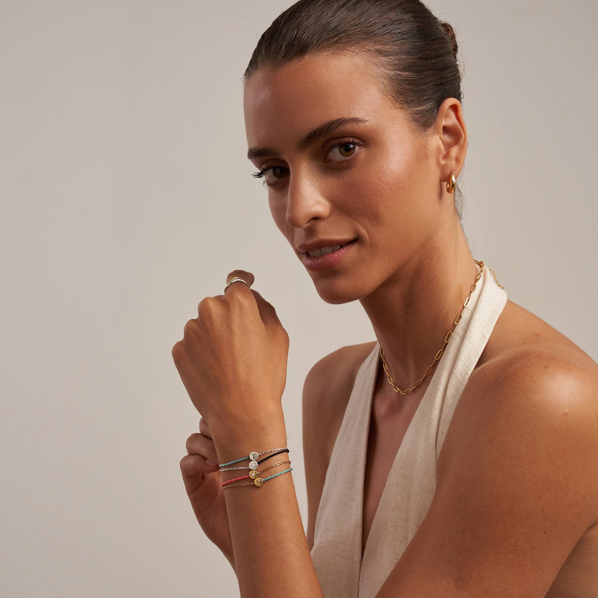 Half and Half Green Initial Bracelet with Diamond in 18ct Gold Plating - Version-6 product photo