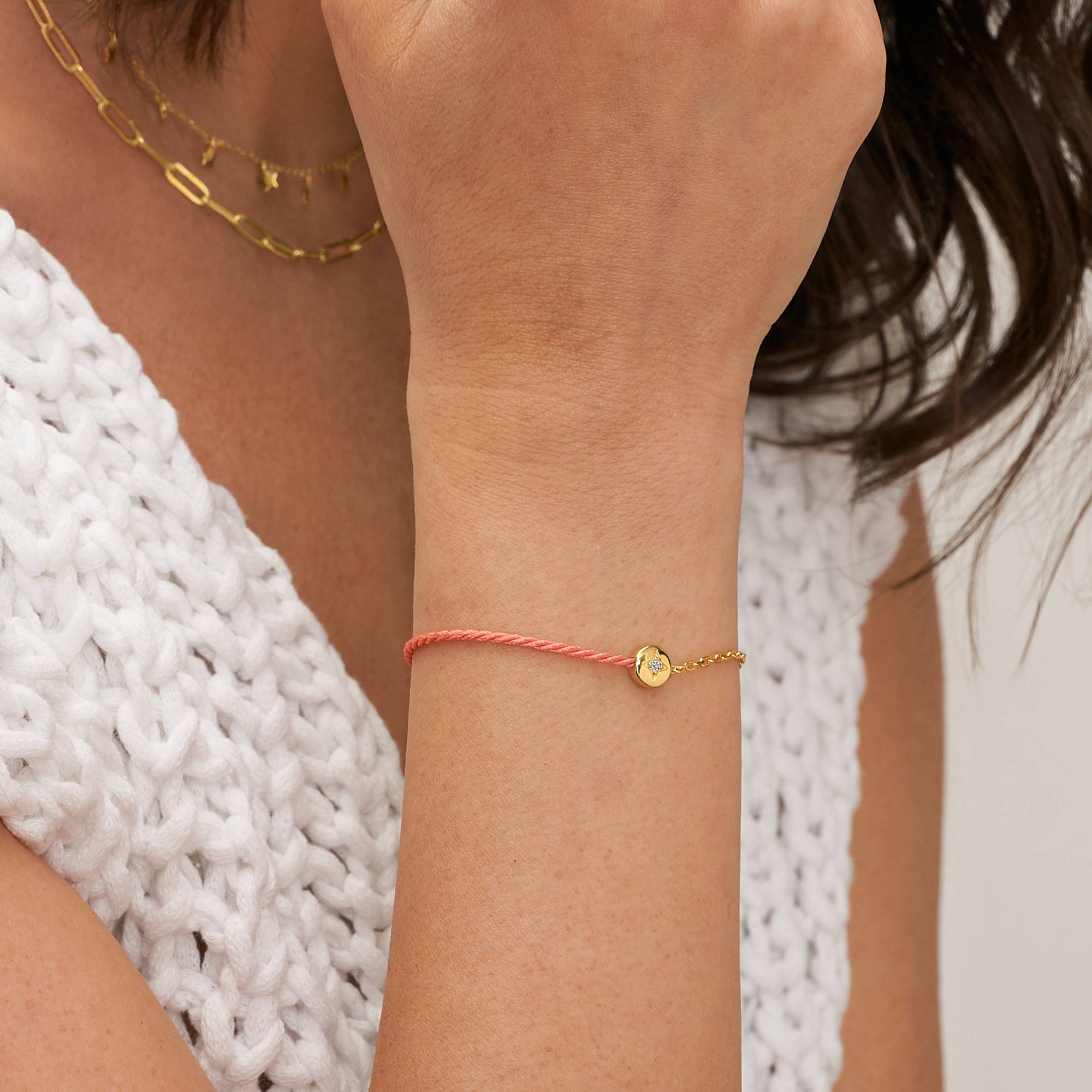 Half and Half Pink Initial Bracelet with Diamond in 18ct Gold Plating - Version-3 Half and Half Pink Initial Bracelet with Diamond in 18ct Gold Plating - Version-3 product photo