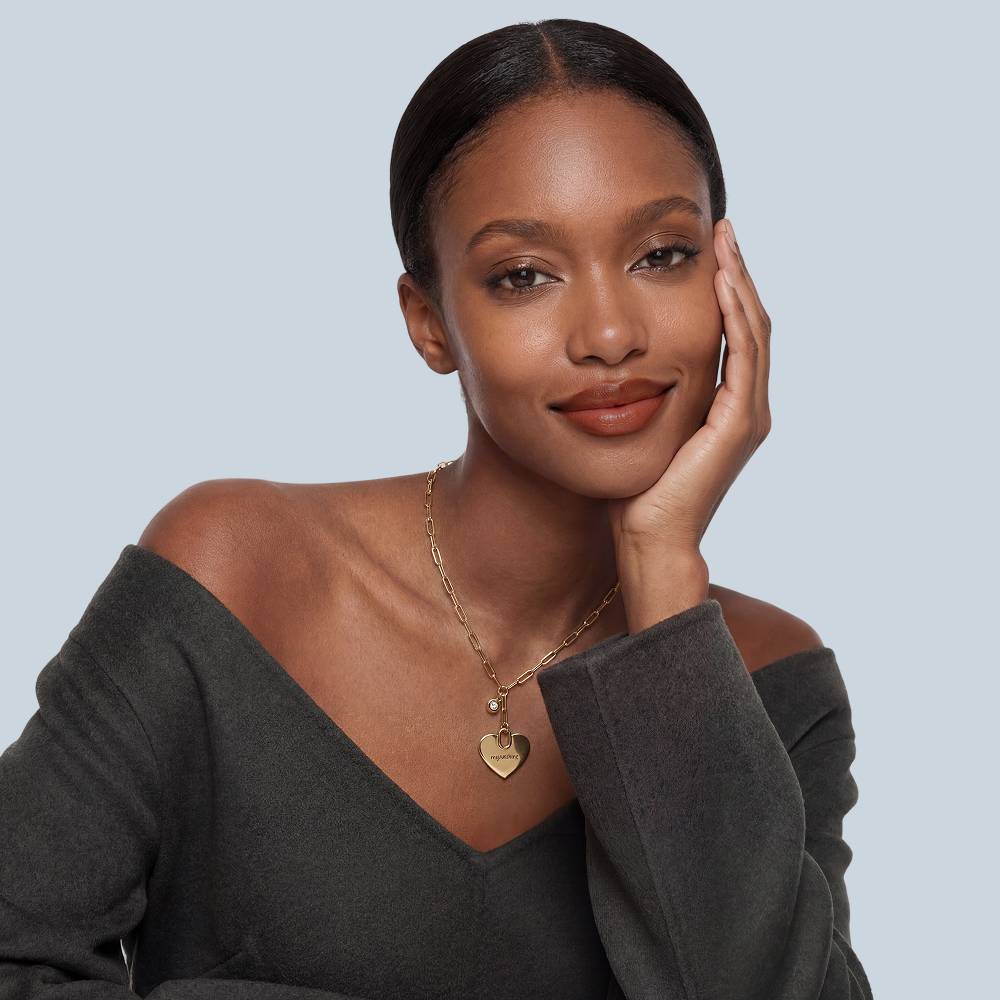 Handwriting Engraved Heart Paperclip Necklace in Gold Plated with diamonds-3 product photo