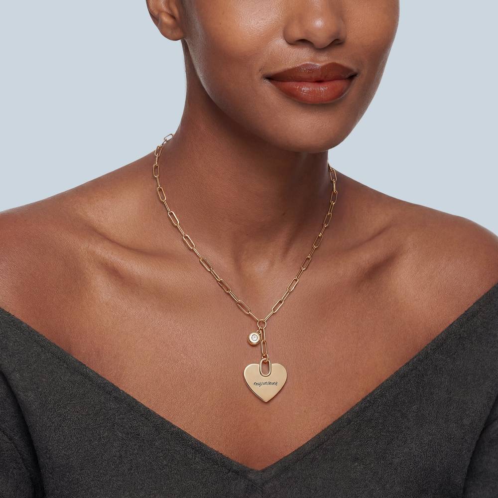 Handwriting Engraved Heart Paperclip Necklace in Gold Plated with diamonds-1 product photo