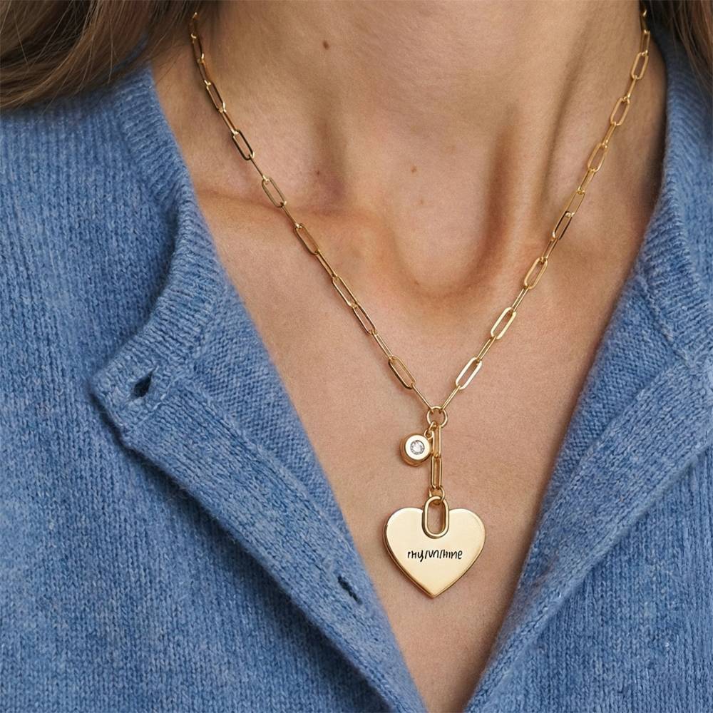 Handwriting Engraved Heart Paperclip Necklace in Gold Plated with diamonds-5 product photo