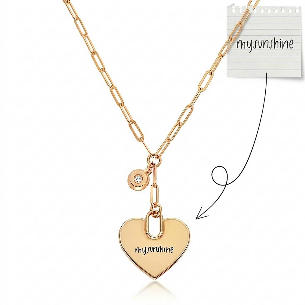 Handwriting Engraved Heart Paperclip Necklace in Gold Plated with diamonds-6 product photo