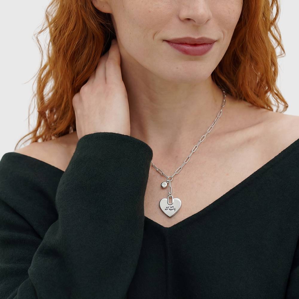 Handwriting Engraved Heart Paperclip Necklace in Silver with diamonds-4 product photo