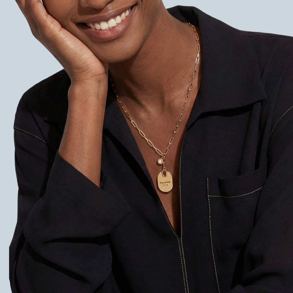 Handwriting Engraved Oval Pendant Paperclip Necklace in Gold Plated with diamonds-3 product photo