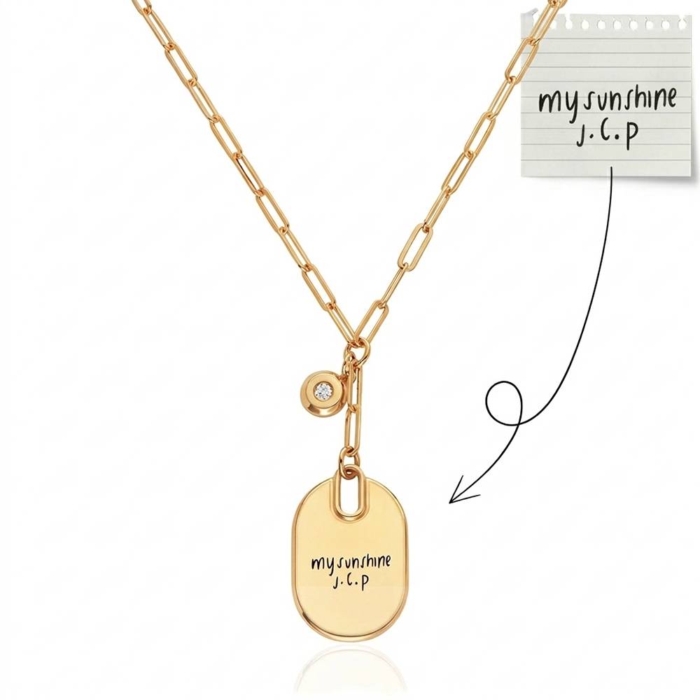 Handwriting Engraved Oval Pendant Paperclip Necklace in Gold Plated with diamonds-4 product photo
