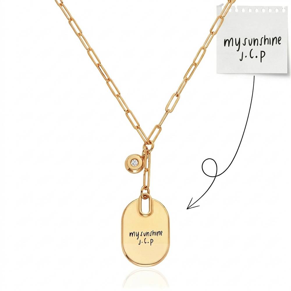 Handwriting Engraved Oval Pendant Paperclip Necklace in Gold Plated with diamonds-4 product photo