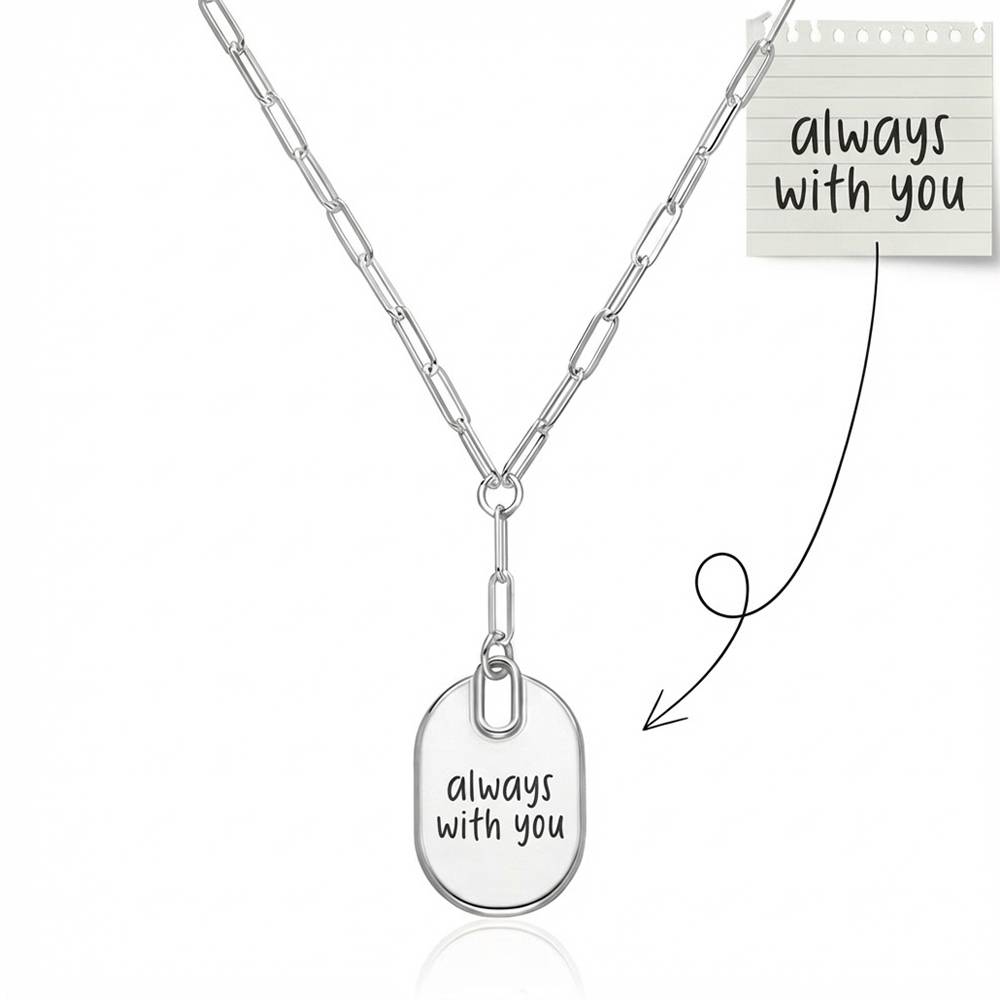 Handwriting Engraved Oval Pendant Paperclip Necklace in Silver-3 product photo