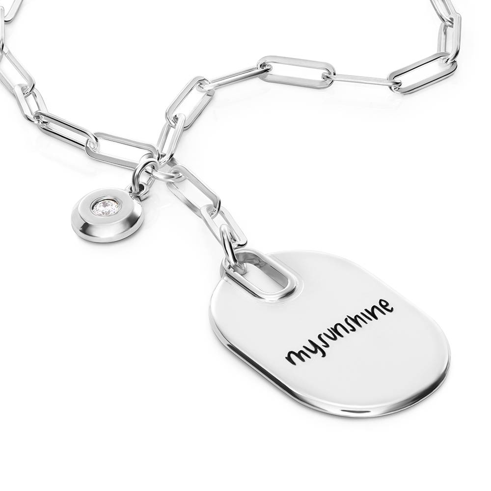 Handwriting Engraved Oval Pendant Paperclip Necklace in Silver with diamonds-2 product photo