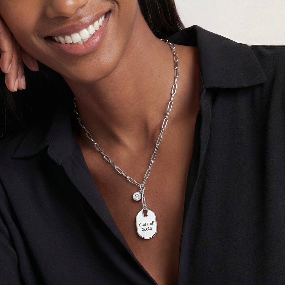 Handwriting Engraved Oval Pendant Paperclip Necklace in Silver with diamonds-3 product photo