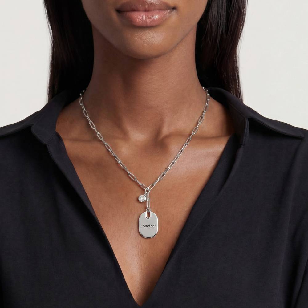 Handwriting Engraved Oval Pendant Paperclip Necklace in Silver with diamonds-1 product photo