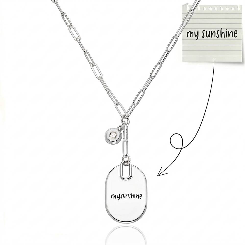 Handwriting Engraved Oval Pendant Paperclip Necklace in Silver with diamonds-4 product photo