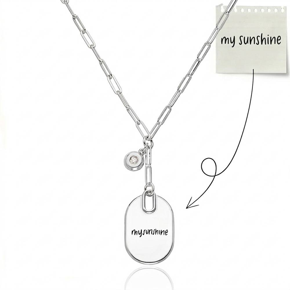 Handwriting Engraved Oval Pendant Paperclip Necklace in Silver with diamonds-4 product photo