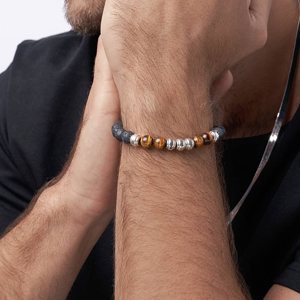 Lava Stones & Tiger Eye Stones - Men's Beaded Bracelet in Silver-3 product photo