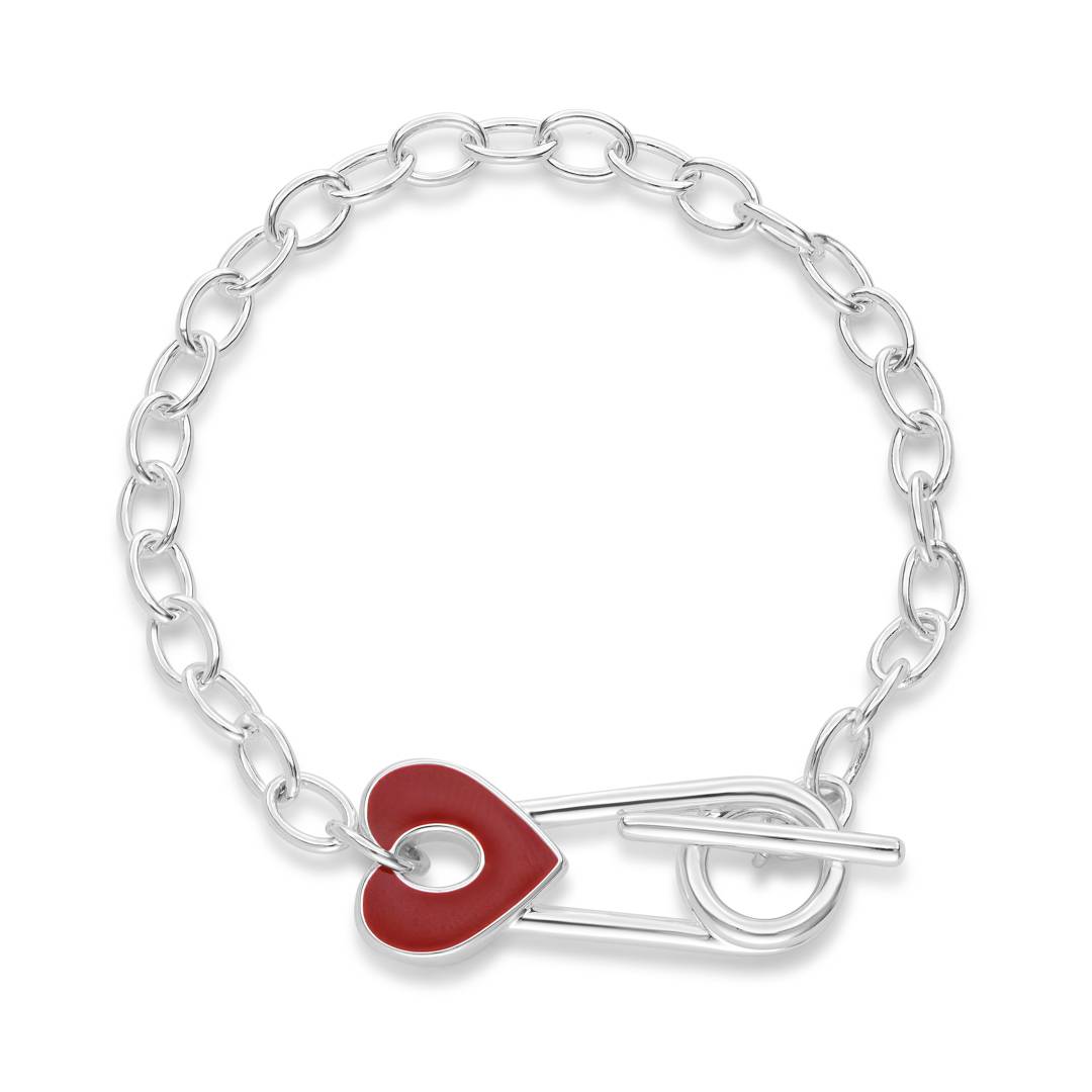 Love Locked Safety Pin Bracelet with Heart Charm in Silver Finish-4 product photo