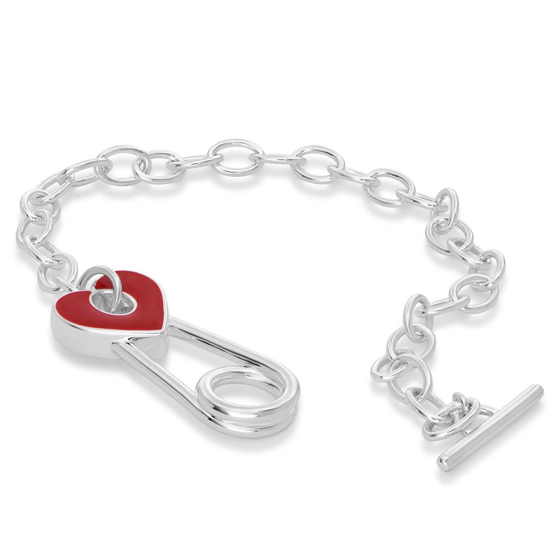 Love Locked Safety Pin Bracelet with Heart Charm in Silver Finish-1 product photo