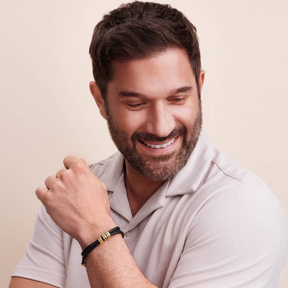 Navigator Braided Leather Bracelet for Men with Custom Beads in 18ct Gold Plating-3 product photo