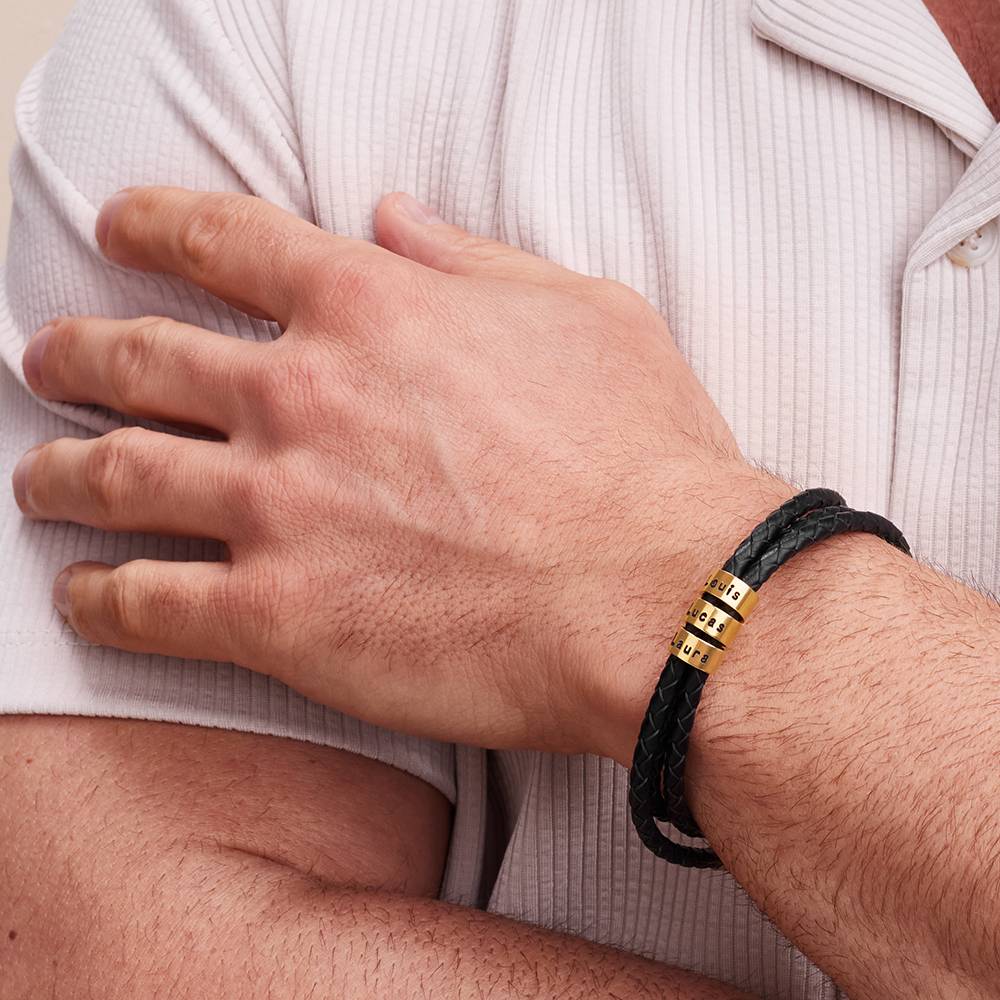Navigator Braided Leather Bracelet for Men with Custom Beads in 18ct Gold Plating-2 product photo