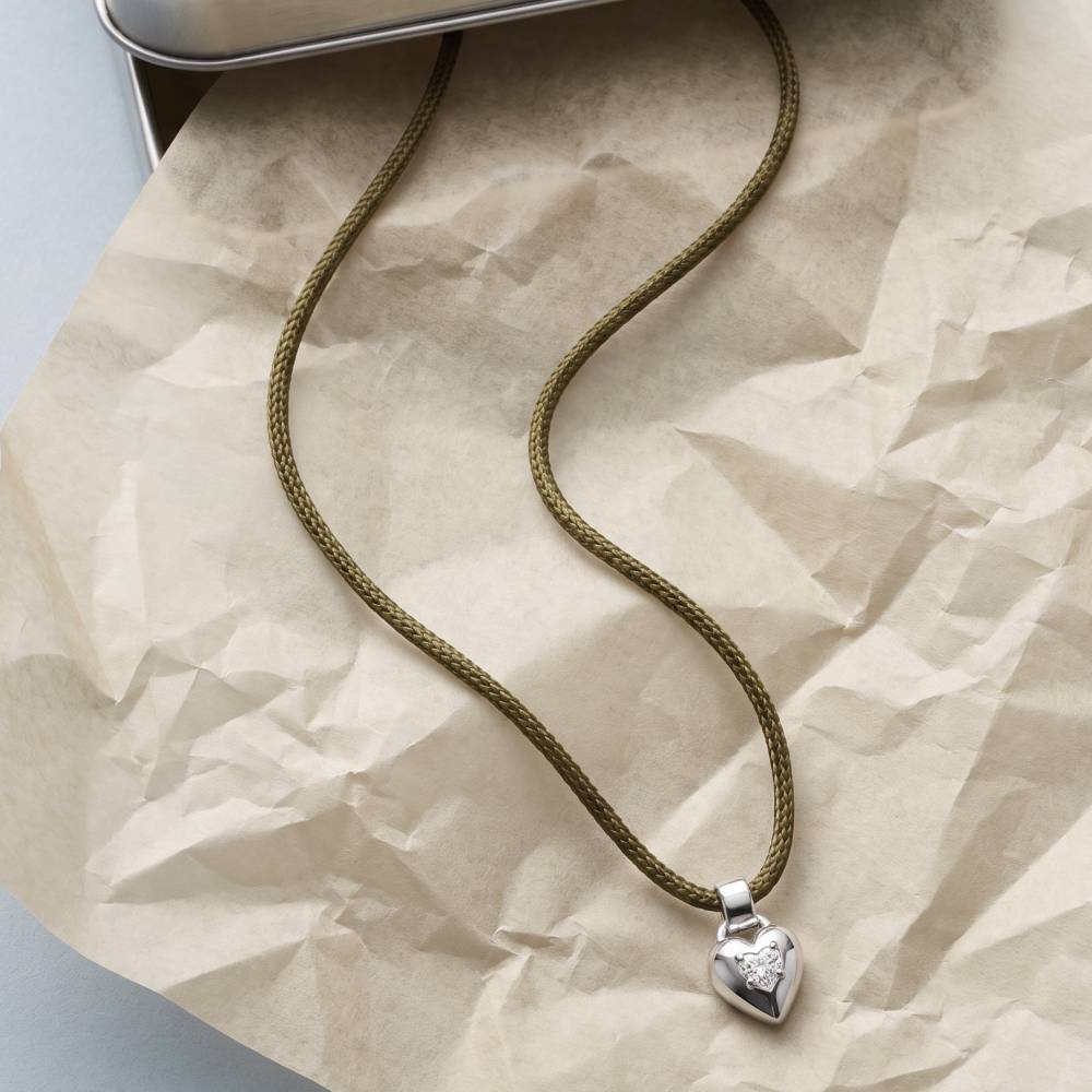No. 1 Heart 0.25CT Diamond Necklace in Silver on an Adjustable Olive Green Cord-3 product photo