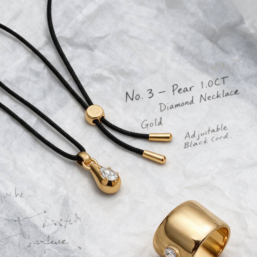 No. 3 Pear 1.0CT Diamond Necklace in Gold on an Adjustable Black Cord-2 product photo