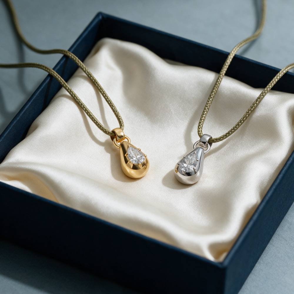No. 3 Pear 1.0CT Diamond Necklace in Silver on an Adjustable Olive Green Cord-2 product photo