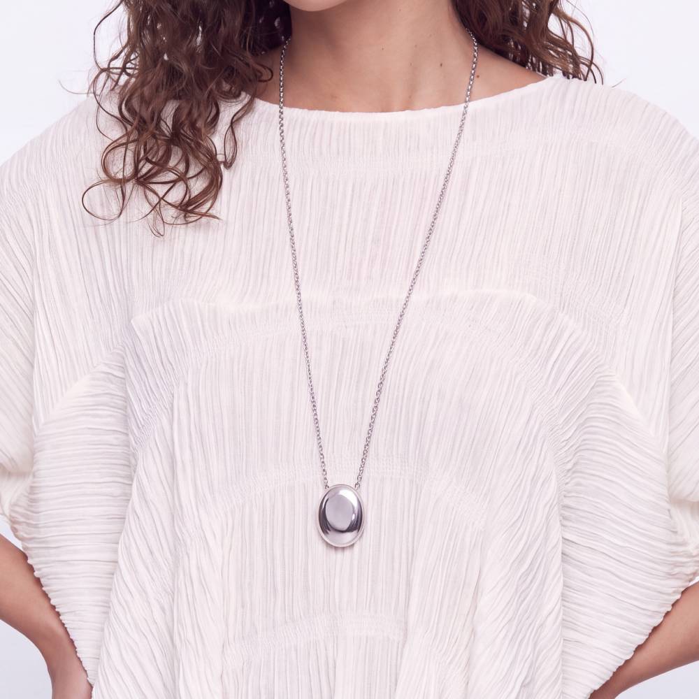 Sculpted Oval Pendant Necklace in Stainless Steel-4 product photo