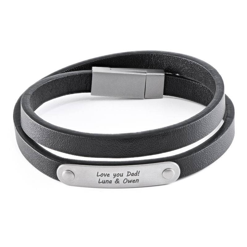 Black Leather Bracelet with Engraved Bar in Stainless Steel-2 product photo