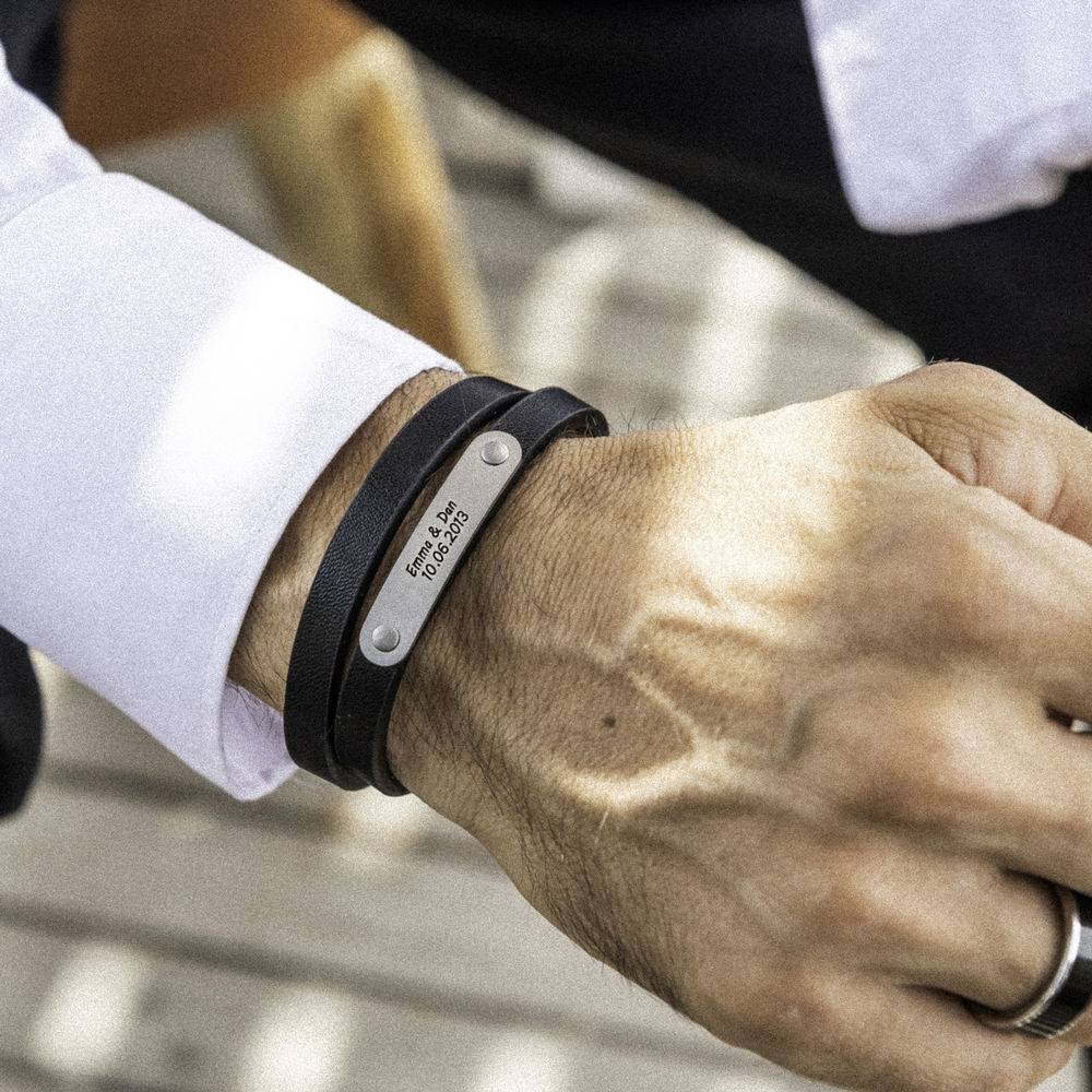 Black Leather Bracelet with Engraved Bar in Stainless Steel-7 product photo