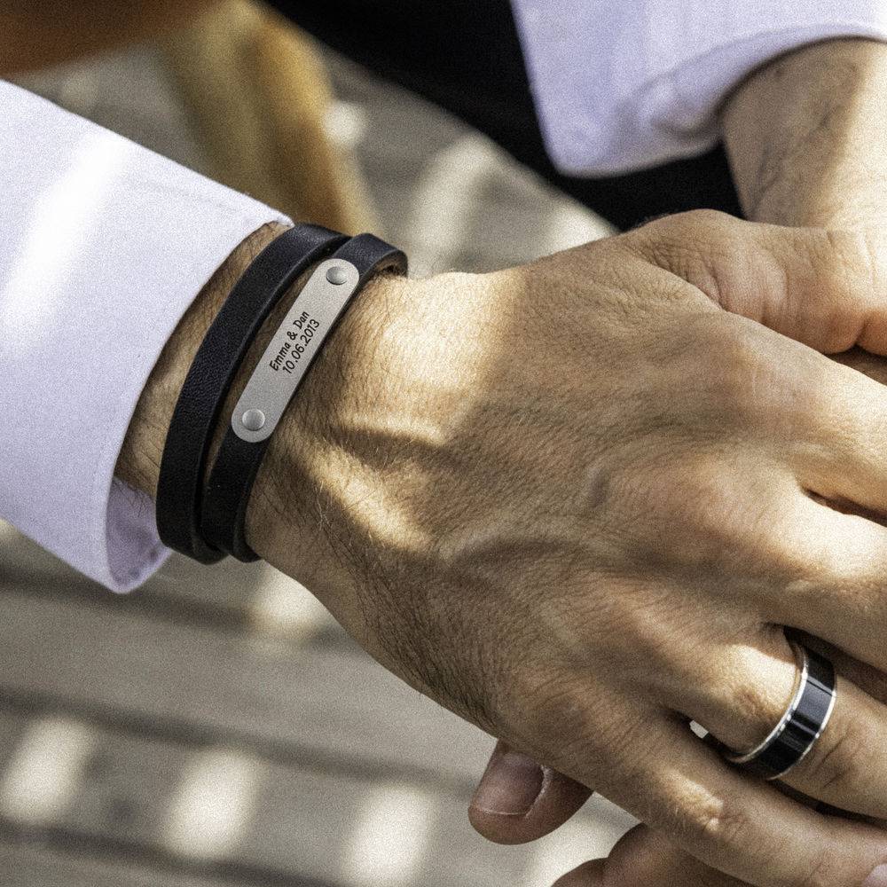 Black Leather Bracelet with Engraved Bar in Stainless Steel-6 product photo