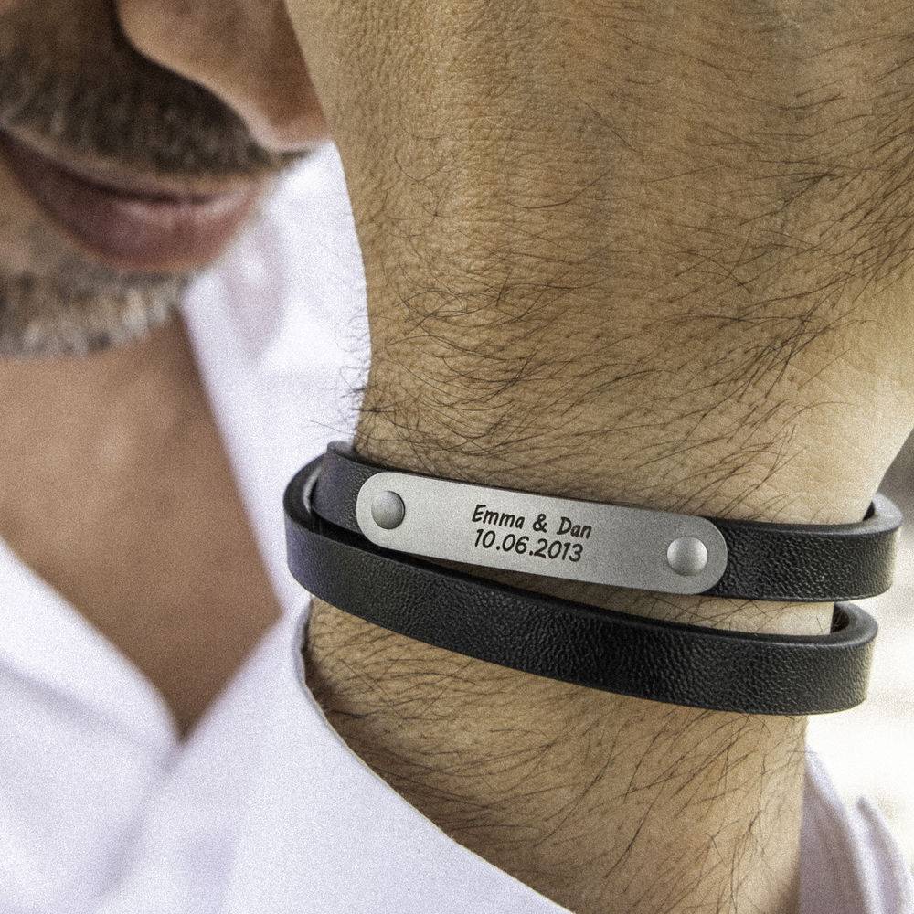 Black Leather Bracelet with Engraved Bar in Stainless Steel-1 product photo