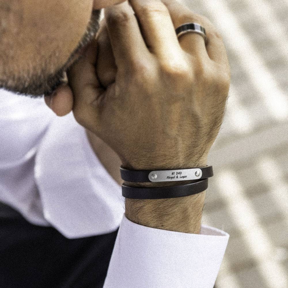 Black Leather Bracelet with Engraved Bar in Stainless Steel-5 product photo