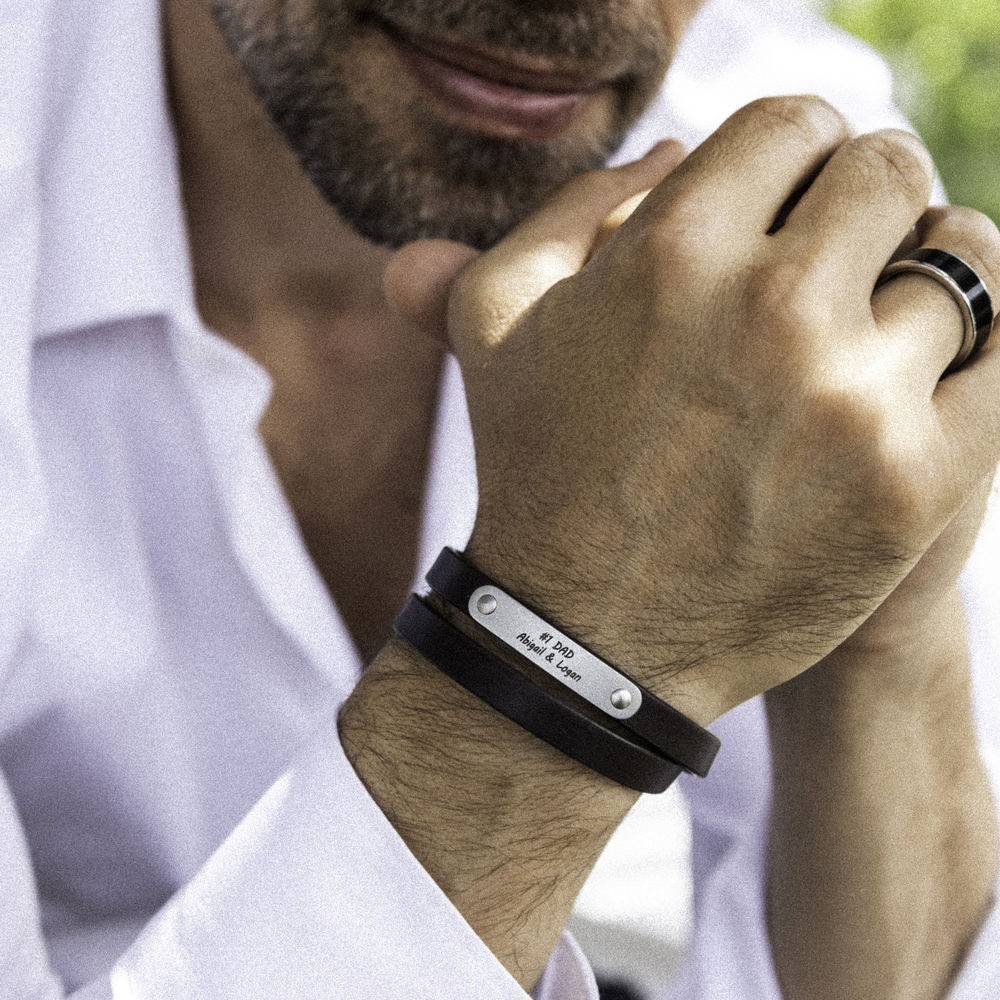 Black Leather Bracelet with Engraved Bar in Stainless Steel-3 product photo