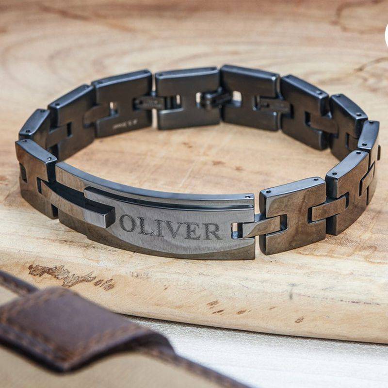 Black Men's Bracelet with Engraving in Stainless Steel-2 product photo