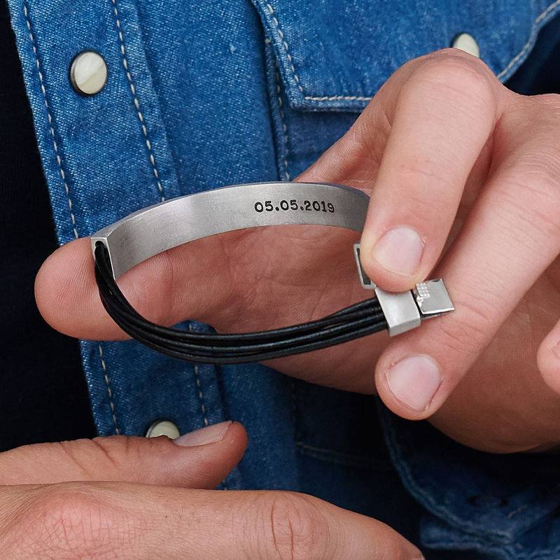 Half Cuff Bracelet in Silver with Black Leather Chain-5 product photo