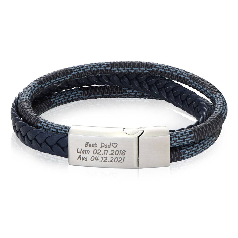 Men's 3-Layer Blue & Grey Braided Leather Bracelet with Stainless Steel-1 product photo