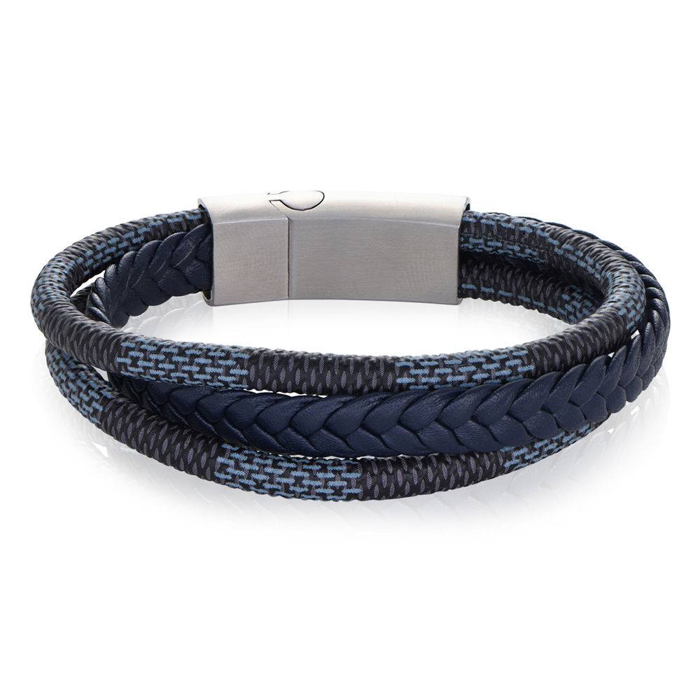Men's 3-Layer Blue & Grey Braided Leather Bracelet with Stainless Steel-2 product photo