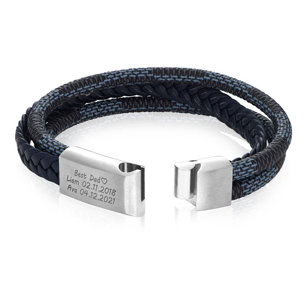 Men's 3-Layer Blue & Grey Braided Leather Bracelet with Stainless Steel-3 product photo