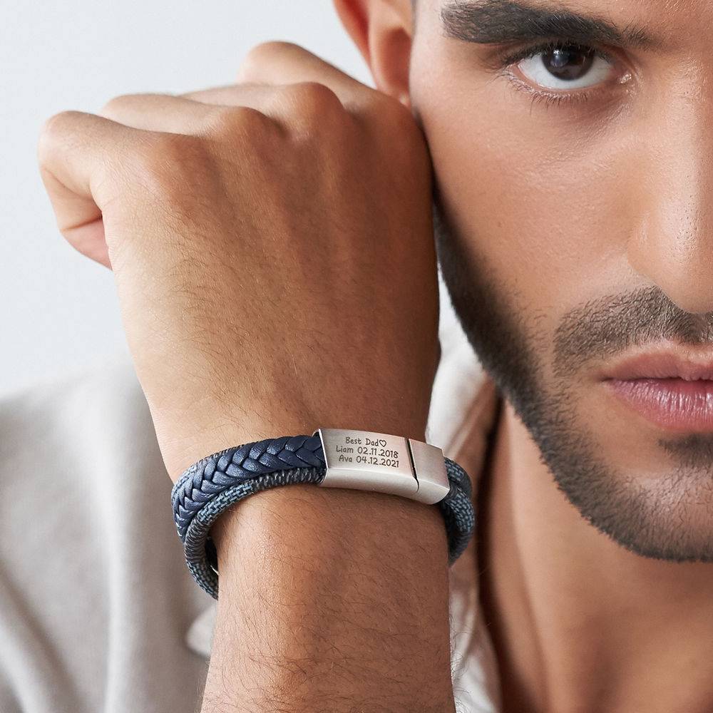 Men's 3-Layer Blue & Grey Braided Leather Bracelet with Stainless Steel-5 product photo
