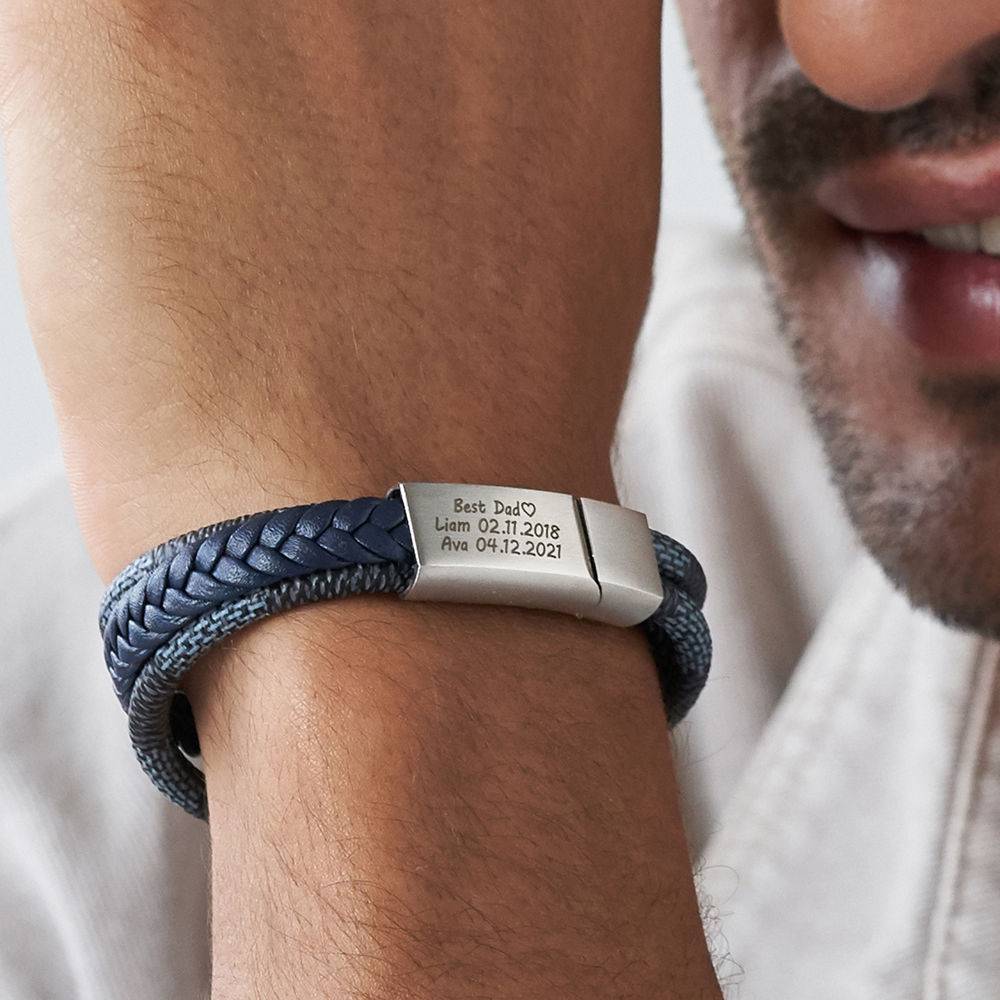 Men's 3-Layer Blue & Grey Braided Leather Bracelet with Stainless Steel-6 product photo
