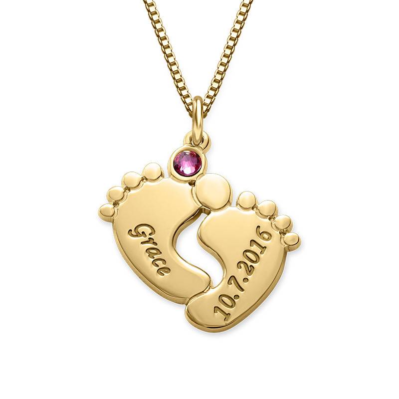 Engraved Baby Feet Necklace with Birthstone in Gold Plating-1 product photo